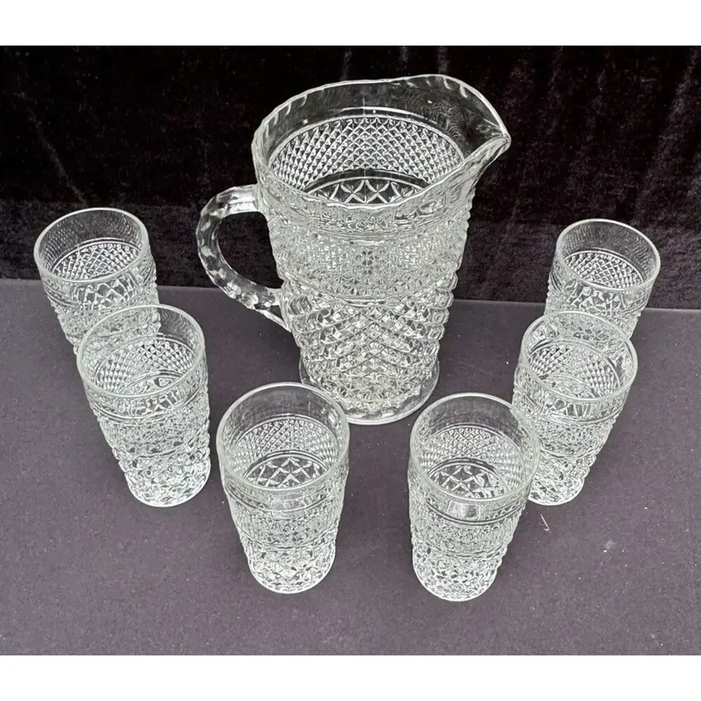 Anchor Hocking Wexford Diamond Cut Glass Vintage Pitcher & 6 Glasses EUC -8/28
